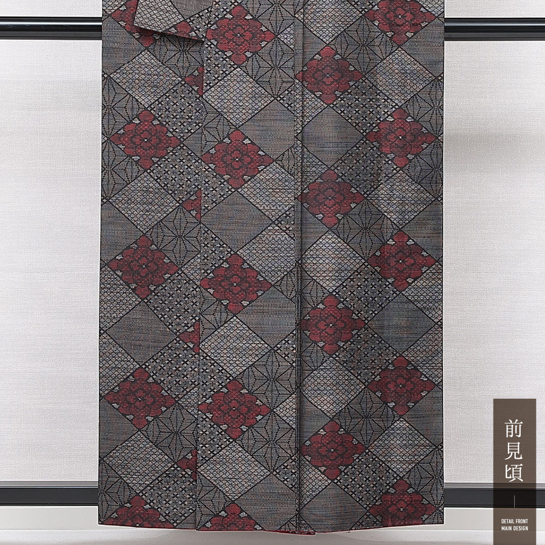 大島紬 袷 身丈157cm 裄丈64cm 正絹 Aランク インフォーマル 広衿 Mサイズ 花菱 麻の葉 黒系 RP 1223-15023