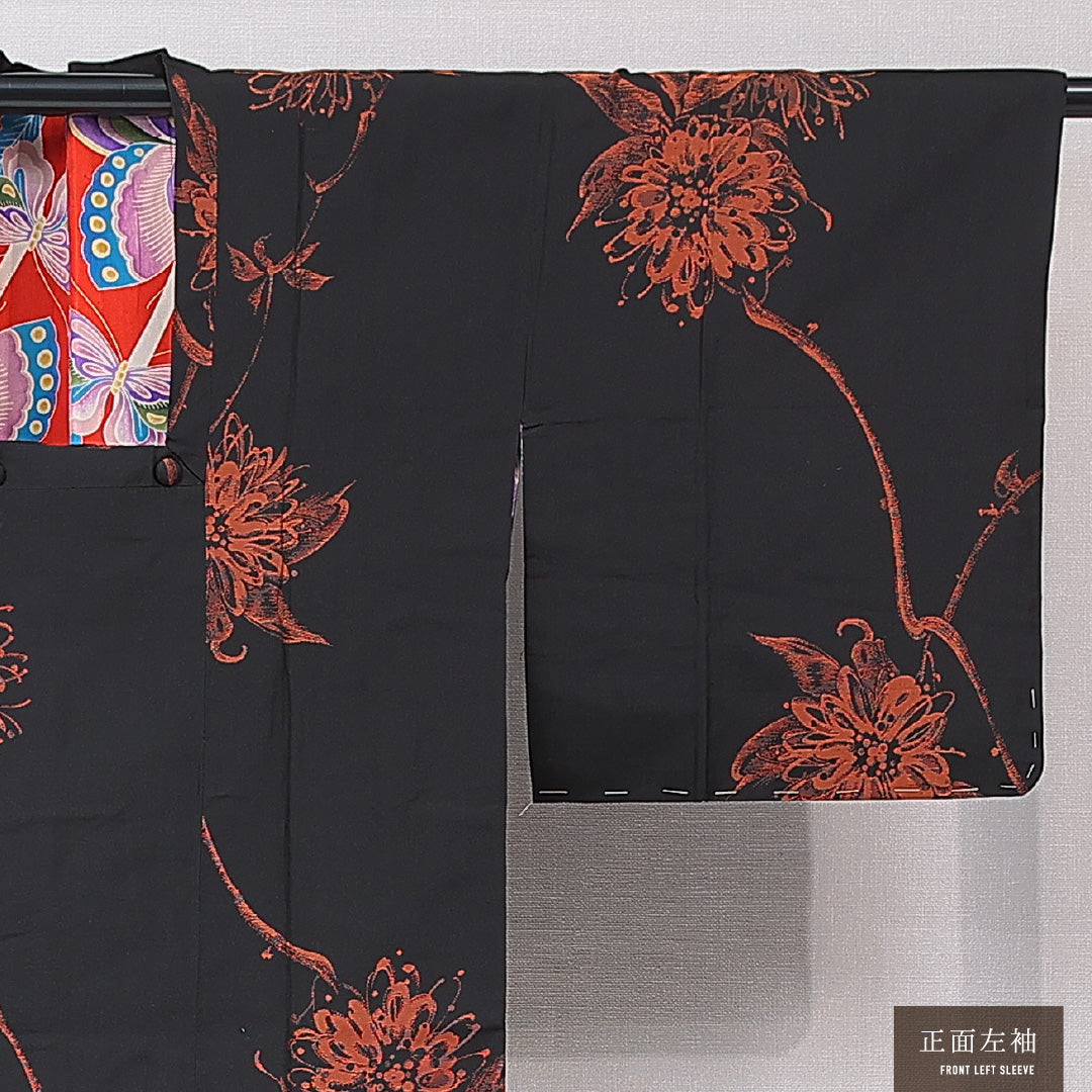 アンティーク 道行コート(お召) 袷 身丈88cm 裄丈62cm 正絹 Aランク Sサイズ ポケットあり 花柄 黒系 1263-16802