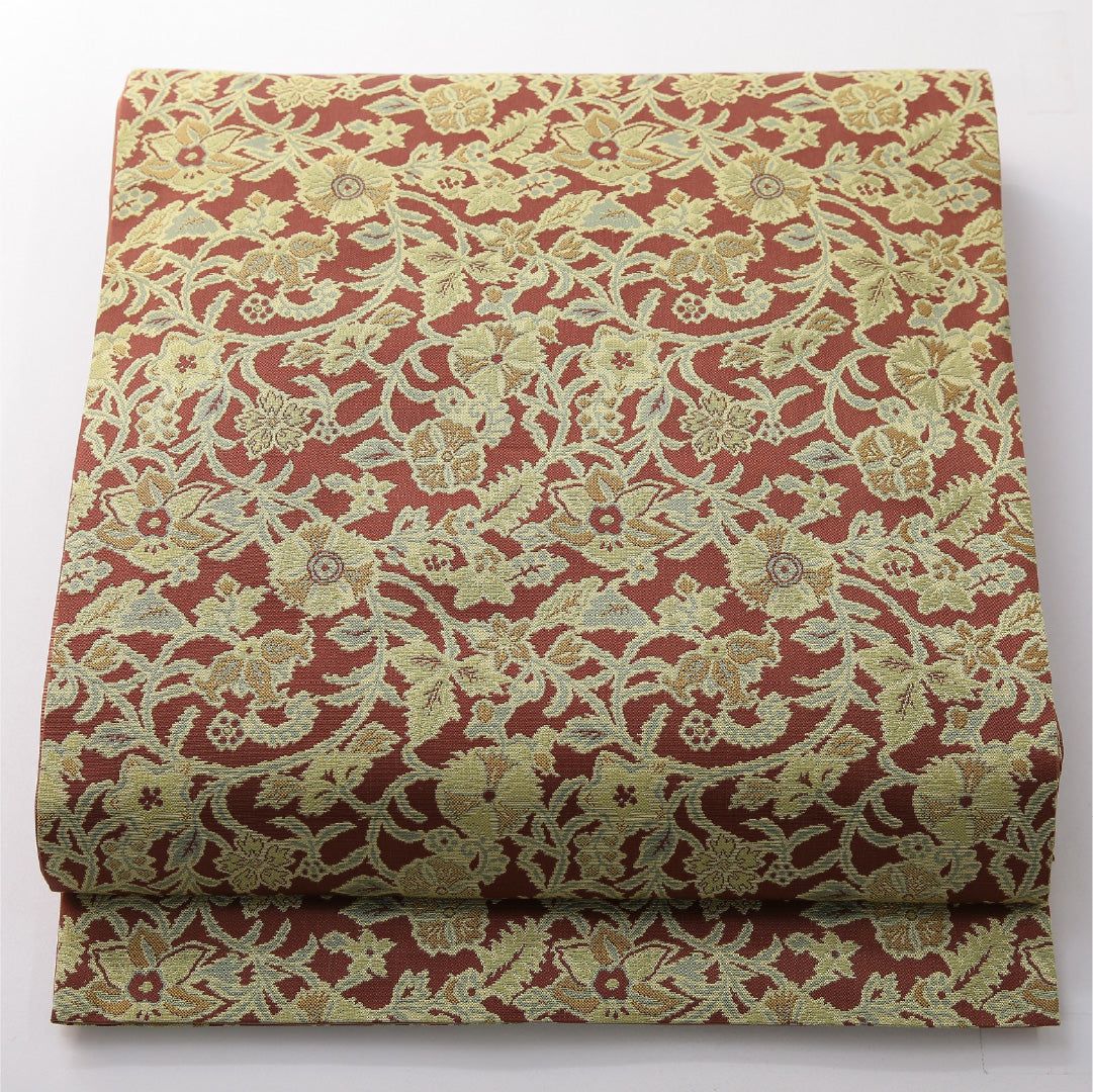 九寸名古屋帯 帯丈364cm カジュアル 開き仕立て 全通 Sランク 正絹 花柄 茶系 1224-03826