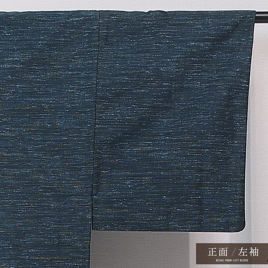 ウールの男着物(紬) 洗える着物 単衣 身丈142cm 裄丈67cm ウール Cランク Mサイズ 棒衿 カジュアル 抽象柄 紺系 1219-15765