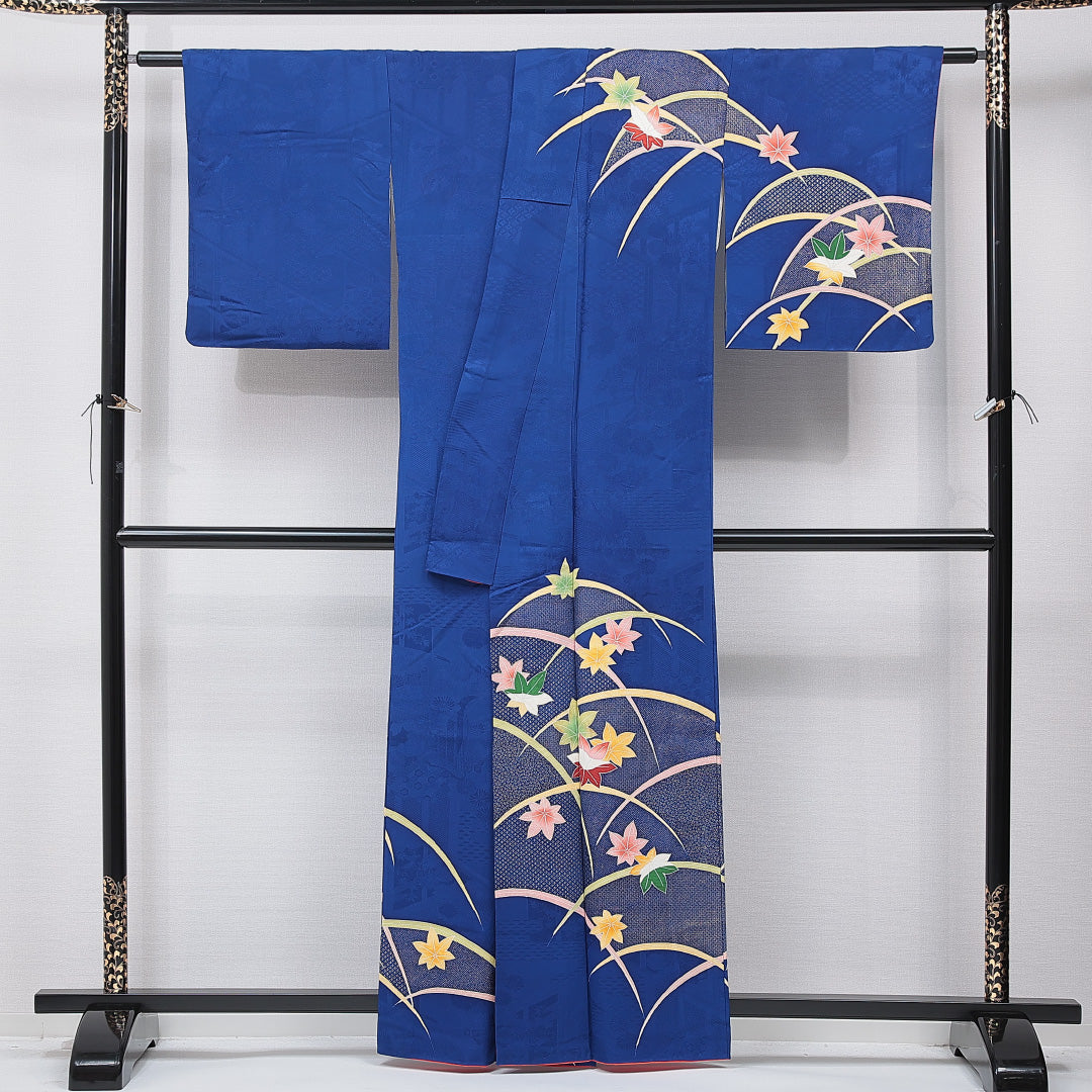 訪問着 袷 身丈161cm 裄丈64cm 正絹 Sランク セミフォーマル 広衿 Lサイズ 芝草 楓 古典的 舞台衣装 青系 RP 1217-15869
