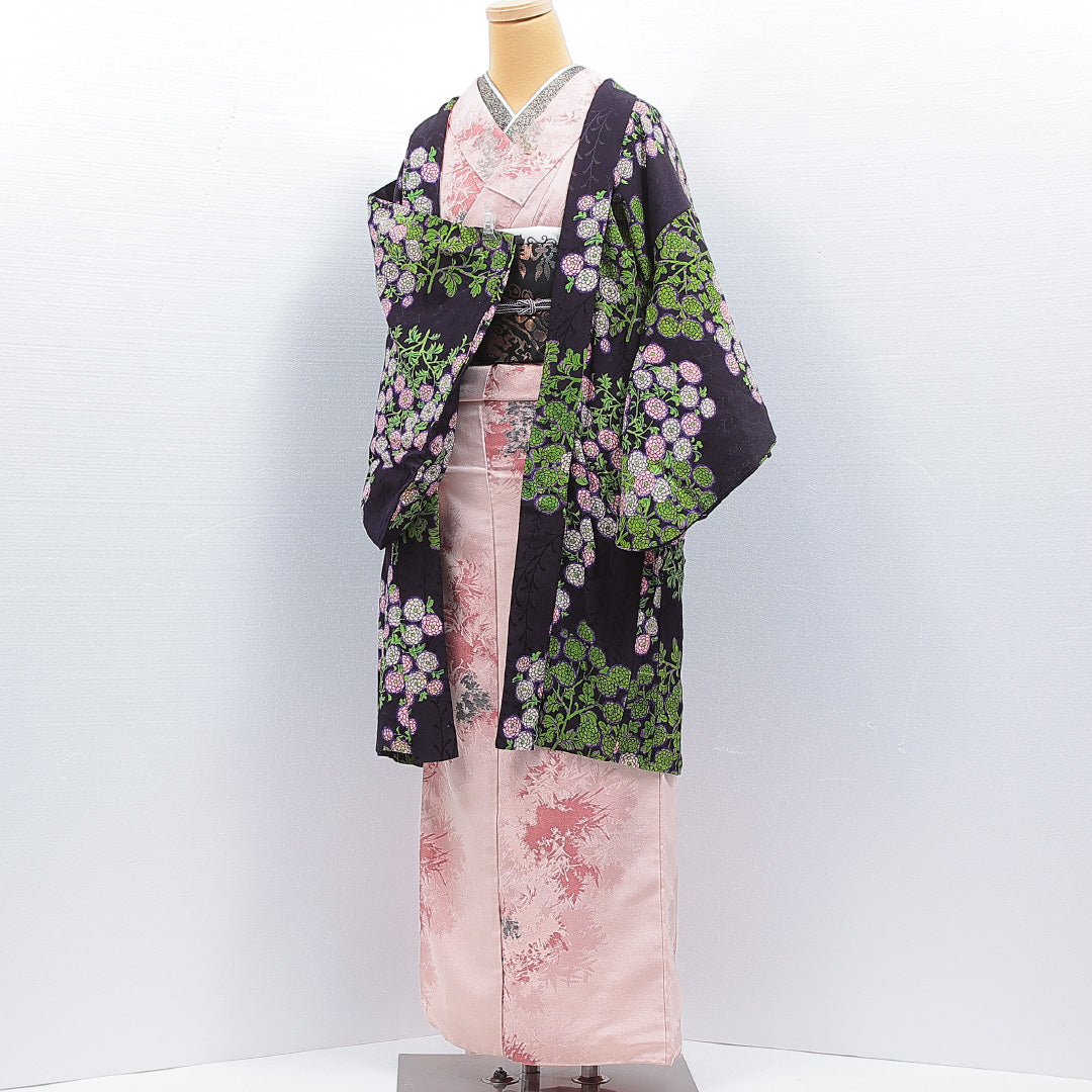 アンティーク 羽織 袷 身丈97cm 裄丈63cm 正絹 Bランク Sサイズ ちりめん 菊 紫系 1217-16821