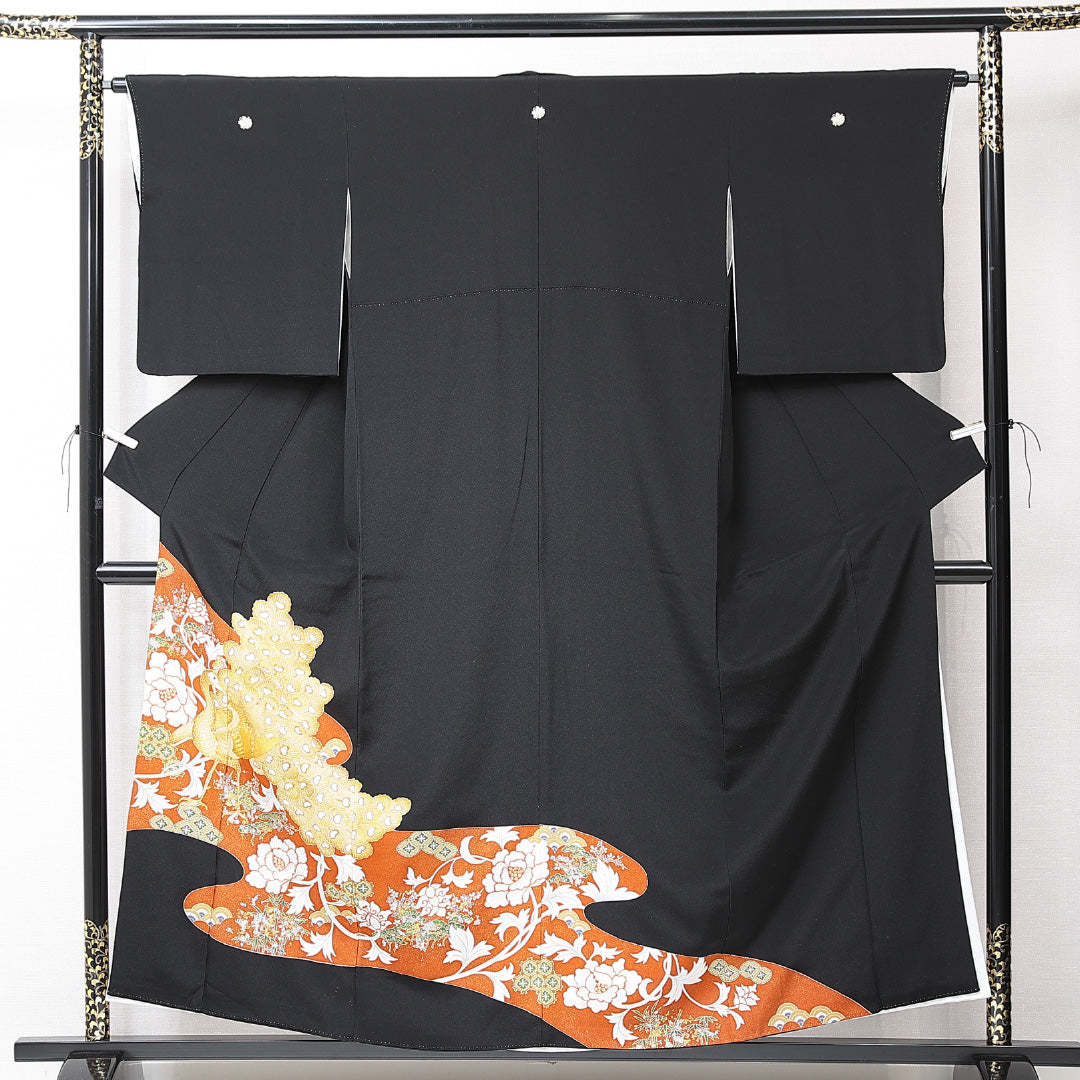 黒留袖 袷 身丈153cm 裄丈62cm 五つ紋 揚羽蝶 フォーマル Sランク Sサイズ 正絹 比翼仕立て 広衿 鳥 牡丹 刺繍 金駒刺繍 1211-F0706