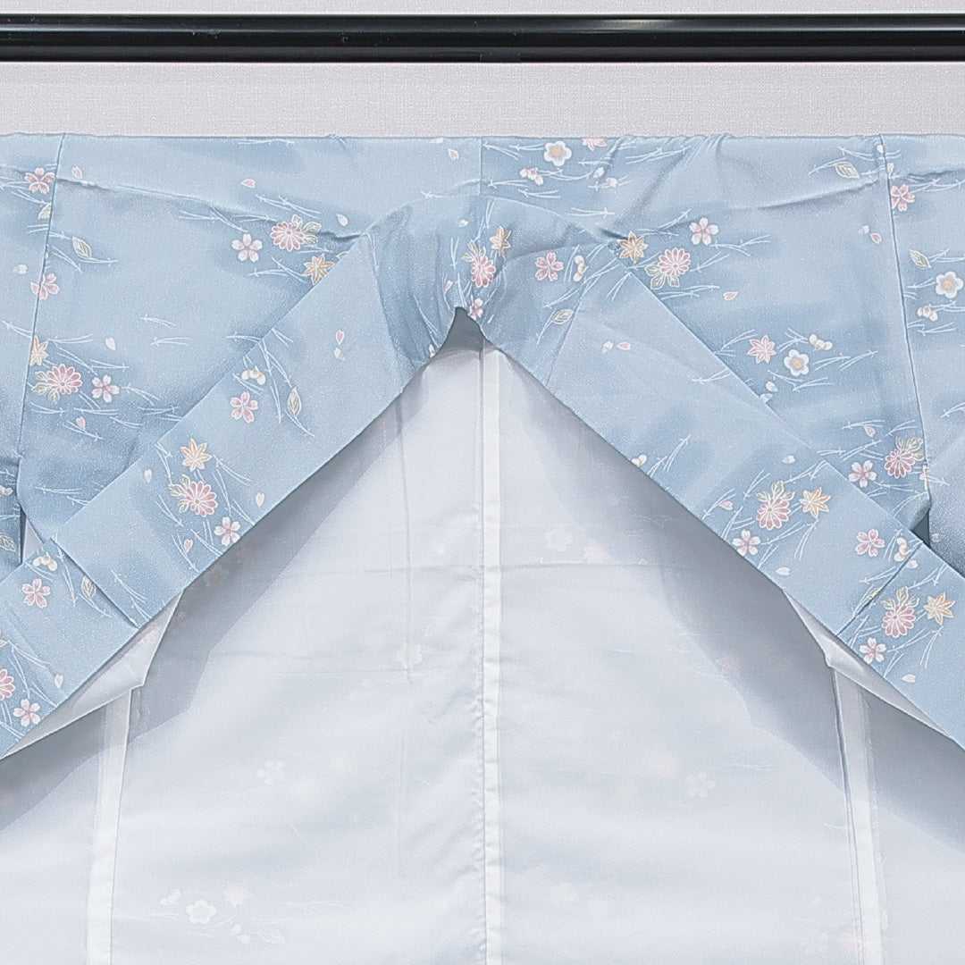 小紋 洗える着物 袷 身丈164cm 裄丈68cm ポリエステル Sランク Lサイズ 広衿 インフォーマル 梅 紅葉 水色系 1215-15796