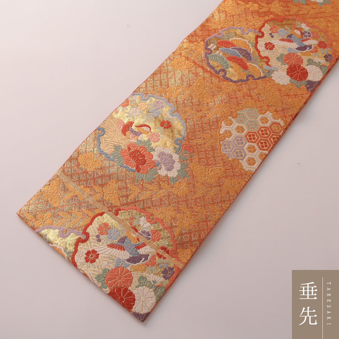袋帯 帯丈428cm フォーマル 六通 Sランク 正絹 鳥 雪輪 金系 1223-01881