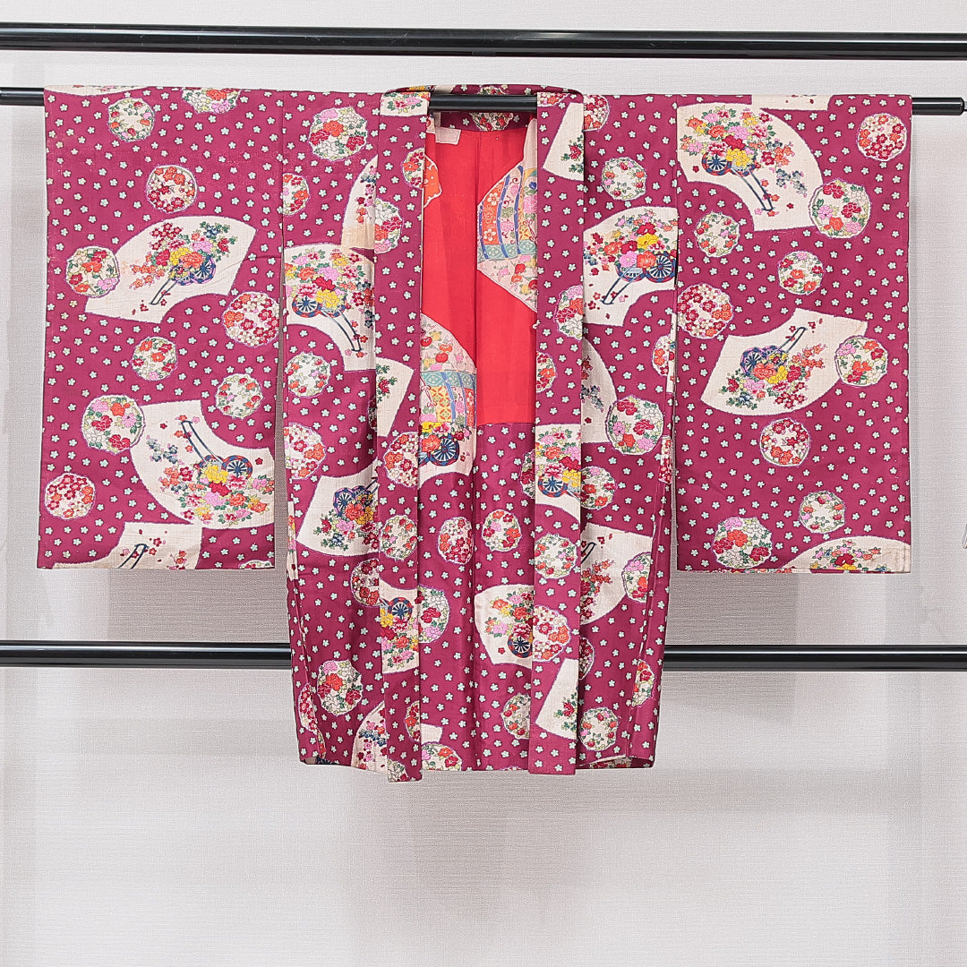 アンティーク 羽織(紬) 袷 身丈93cm 裄丈63cm 正絹 Cランク Sサイズ 後染め 扇 牡丹 紫系 1217-15324