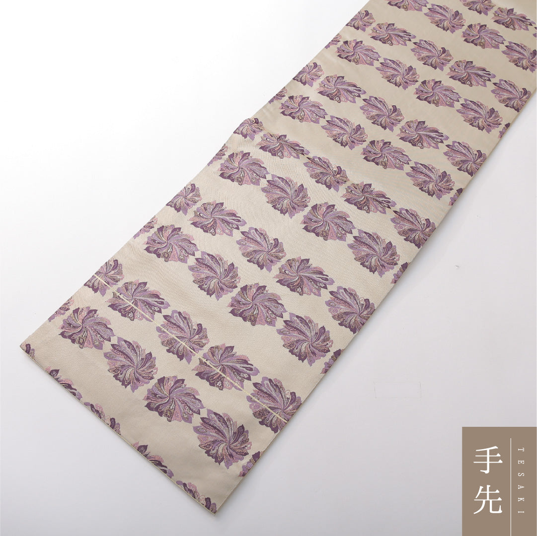 九寸名古屋帯 帯丈360cm カジュアル 開き仕立て 全通 Sランク 正絹 花柄 ベージュ系 1224-03823