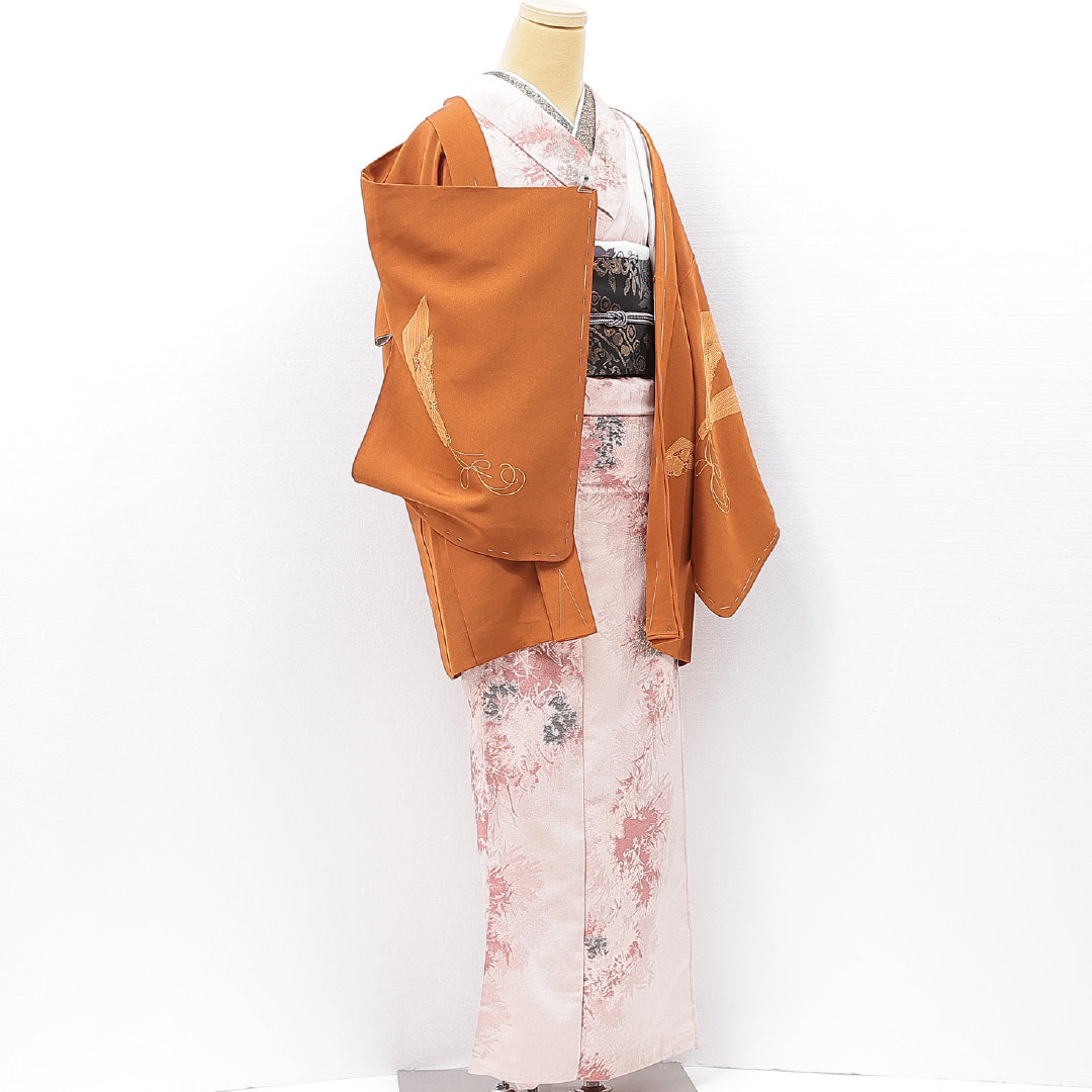 羽織 袷 身丈78cm 裄丈64cm 正絹 Aランク Mサイズ バチ衿 カジュアル 牡丹 茶系 1217-15137