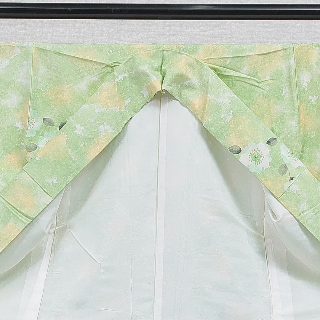 小紋 洗える着物 袷 身丈155cm 裄丈62cm ポリエステル Sランク Mサイズ 広衿 インフォーマル 七宝 桜 緑系 1215-16396