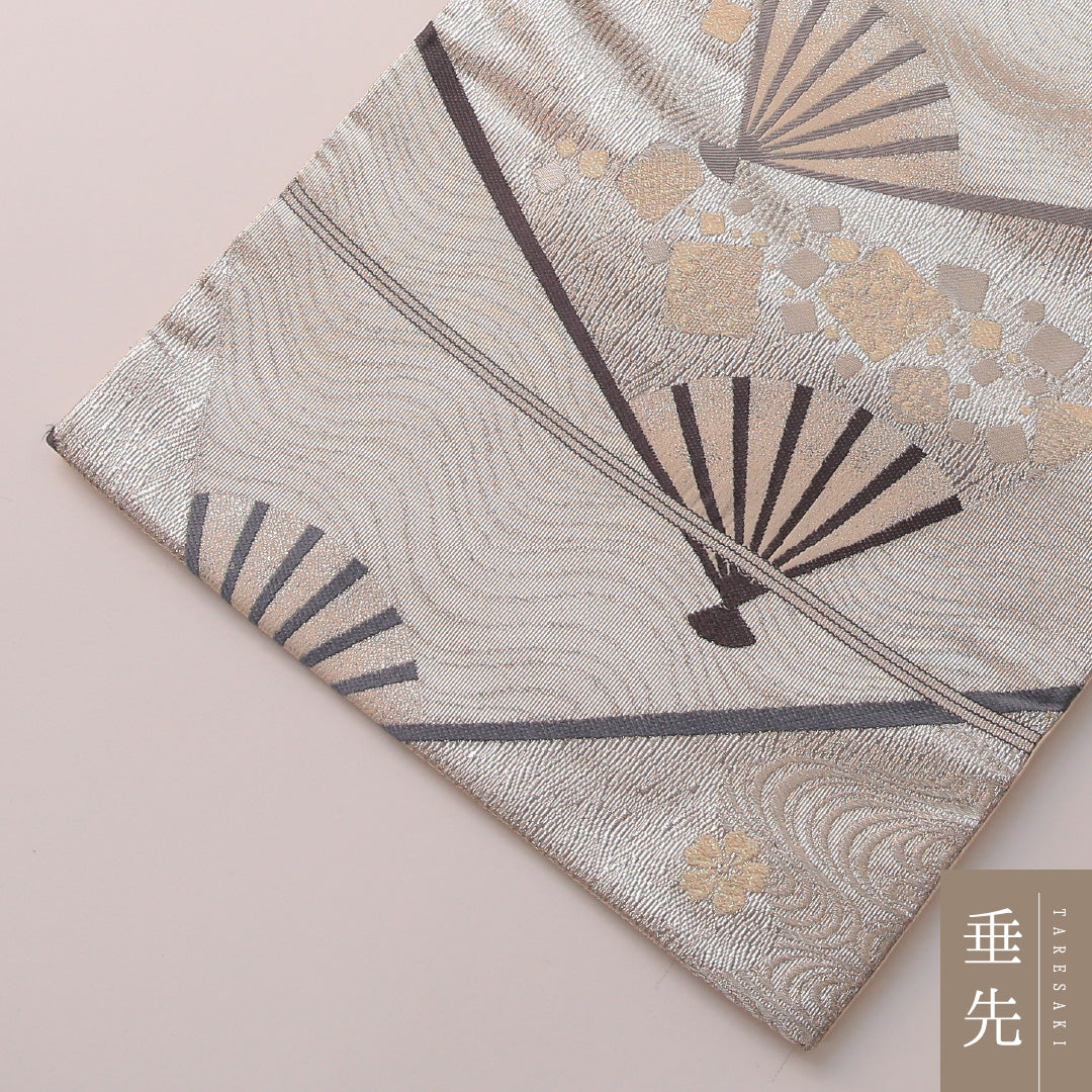 袋帯 帯丈440cm フォーマル 六通 Sランク 正絹 扇 流水 桜 銀系 クリーム系 1223-01883