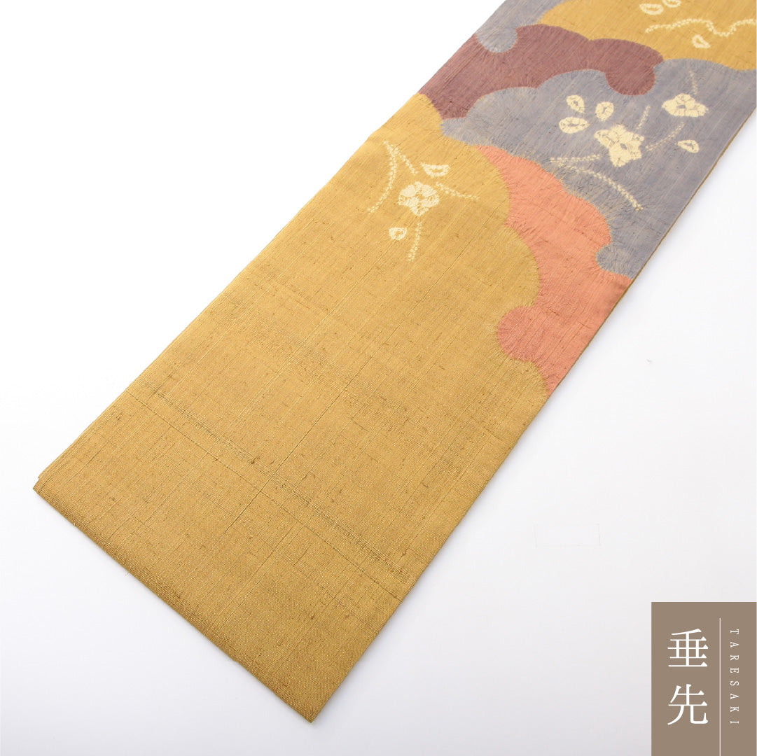 九寸名古屋帯 Aランク 帯丈370cm 正絹 六通 名古屋仕立て 染め カジュアル 絞り 花柄 黄系 LP 1245-03738