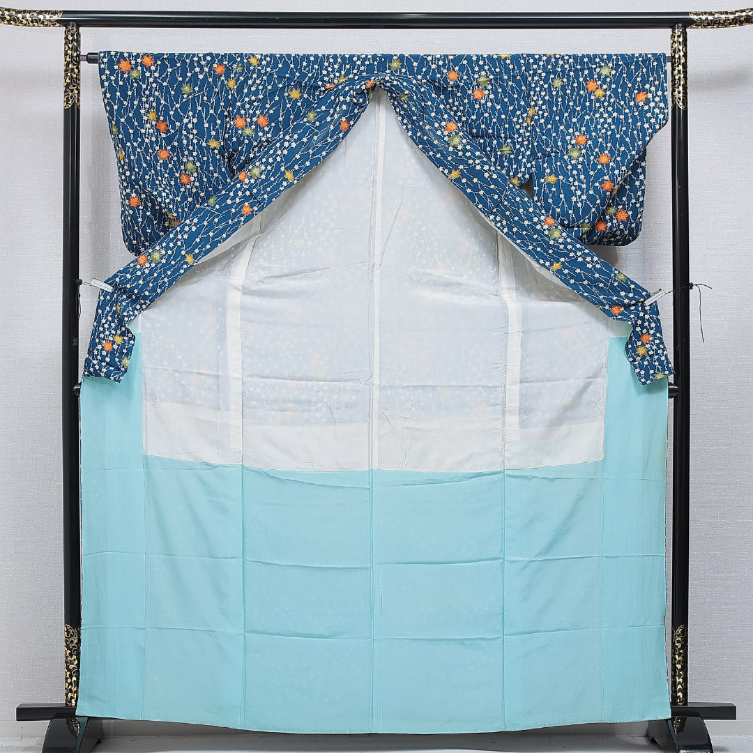 小紋 袷 身丈167cm 裄丈64cm 正絹 Bランク インフォーマル 広衿 XLサイズ 菊 楓 青系 HP 1221-15938