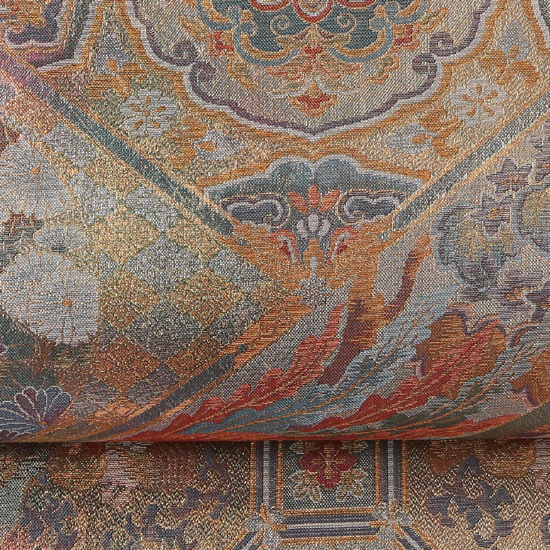 袋帯 帯丈456cm 正絹 全通 リバーシブル フォーマル 鏡裏文 格天井 金系 グレー系 1243-01842