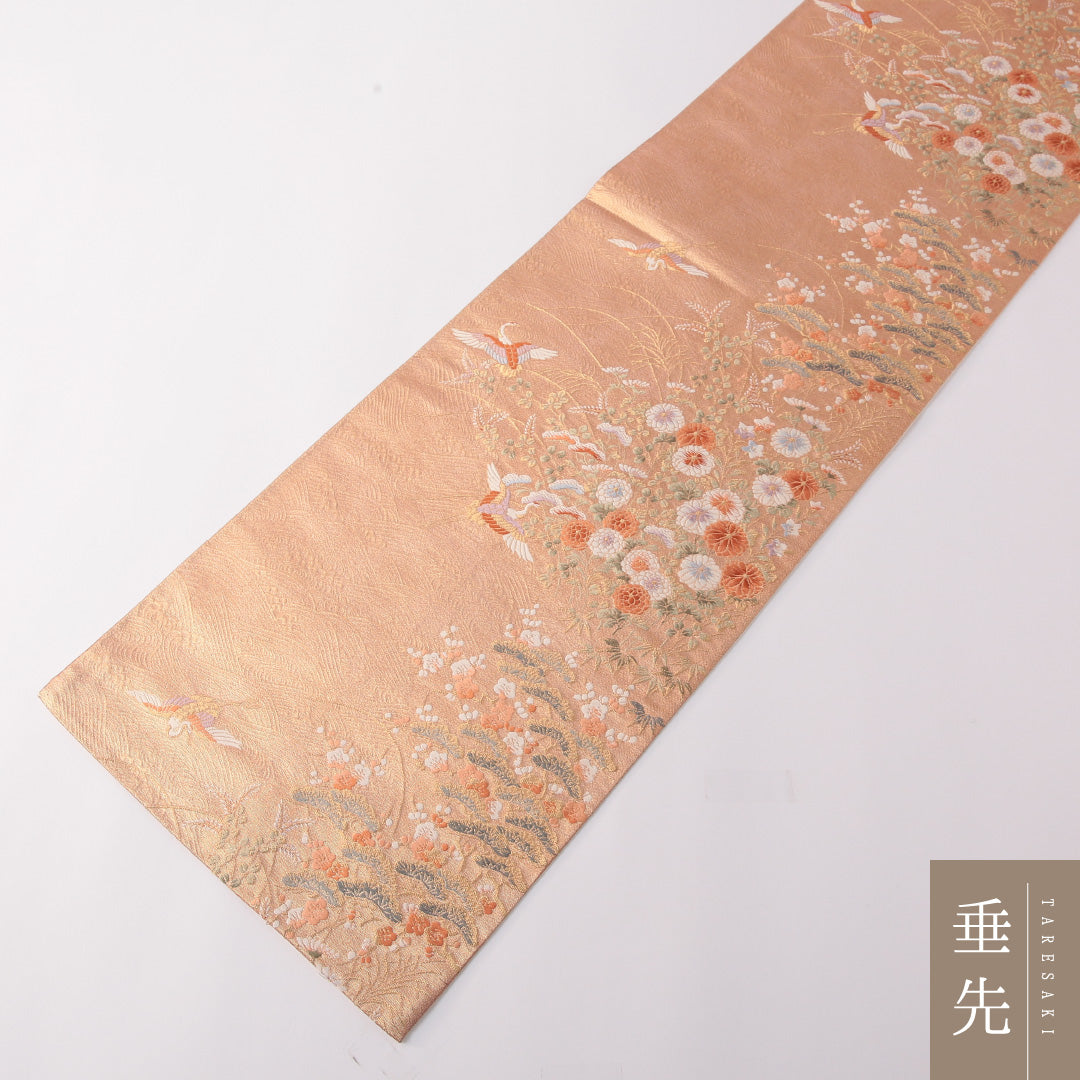 袋帯 帯丈436cm 正絹 六通 フォーマル ふくれ織 鶴 荒磯 吉祥文様 ピンク系 朱系 1243-01779