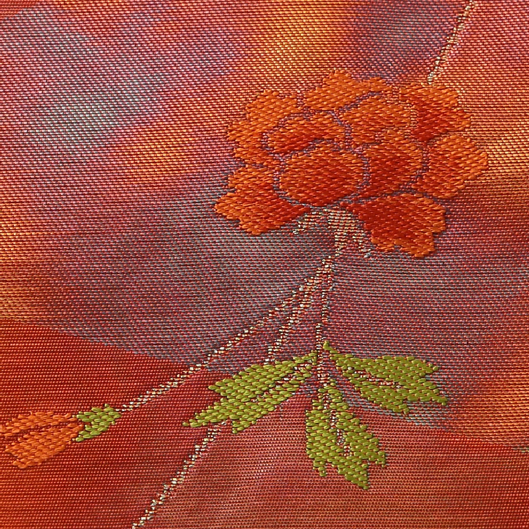 九寸名古屋帯 帯丈364cm インフォーマル 名古屋仕立て 六通 Dランク 正絹 牡丹 朱系 1224-03473