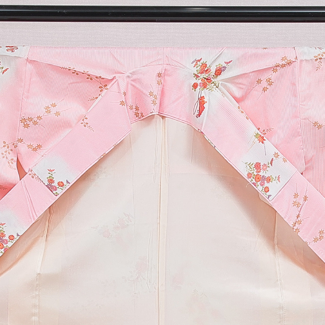 小紋 洗える着物 袷 身丈162cm 裄丈65cm ポリエステル Cランク Lサイズ 広衿 インフォーマル 菊 紅葉 ピンク系 1215-16054