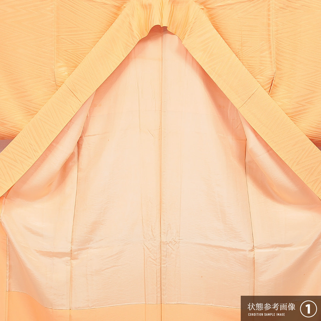色無地 袷 身丈167cm 裄丈65cm 正絹 Aランク 一つ紋 (五三桐) 紋意匠 (抽象柄) セミフォーマル 広衿 XLサイズ 黄系 HP 1219-16725