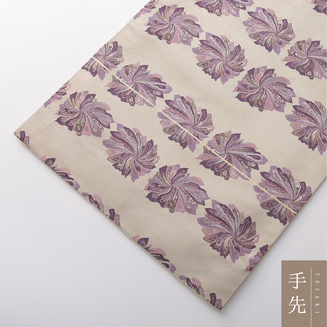 九寸名古屋帯 帯丈360cm カジュアル 開き仕立て 全通 Sランク 正絹 花柄 ベージュ系 1224-03823