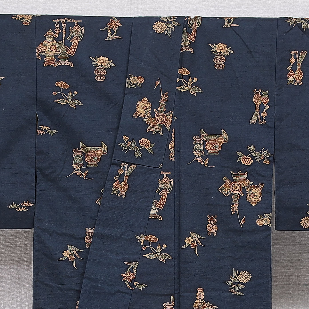 小紋 袷 身丈163cm 裄丈64cm 正絹 Aランク インフォーマル 広衿 Lサイズ 染め紬 花瓶 紺系 RP 1221-16656