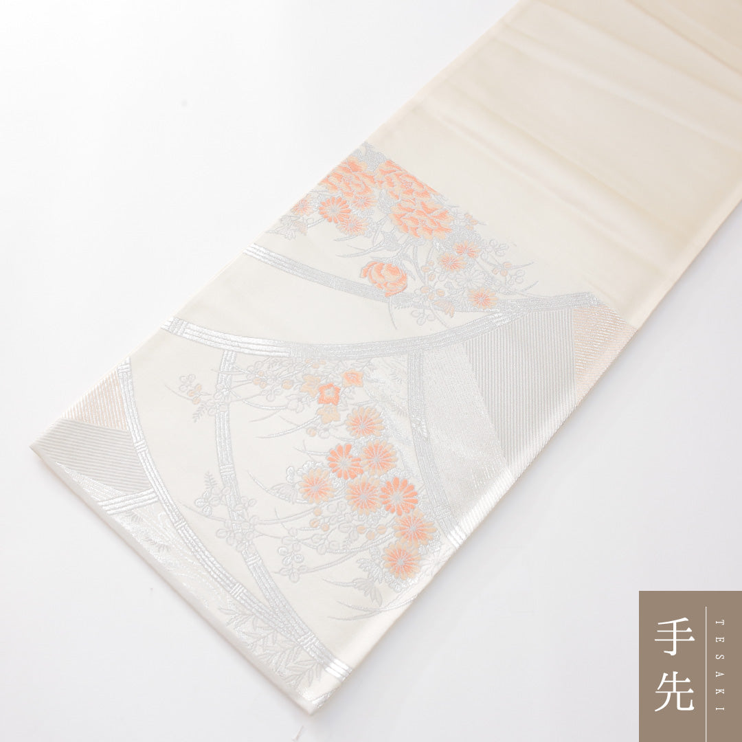 袋帯 帯丈416cm フォーマル 六通 帯芯なし Sランク 正絹 鳳凰 牡丹 クリーム系 1223-02284