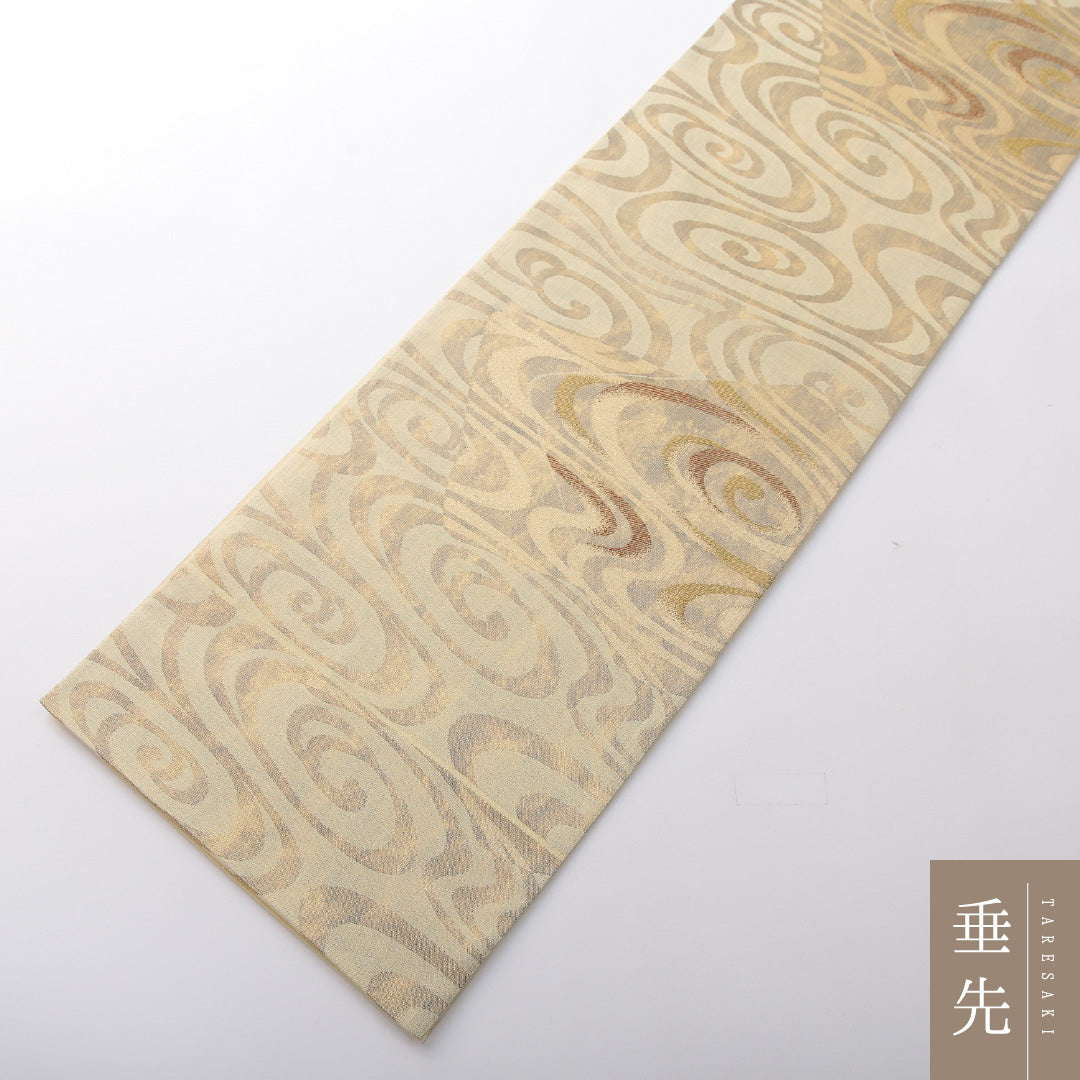 袋帯 帯丈442cm セミフォーマル 六通 Sランク 正絹 渦巻 クリーム系 1223-02080