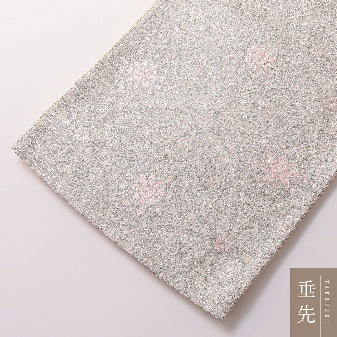袋帯 帯丈420cm 正絹 六通 フォーマル 宝相華 唐草華文 七宝 銀系 1243-01843