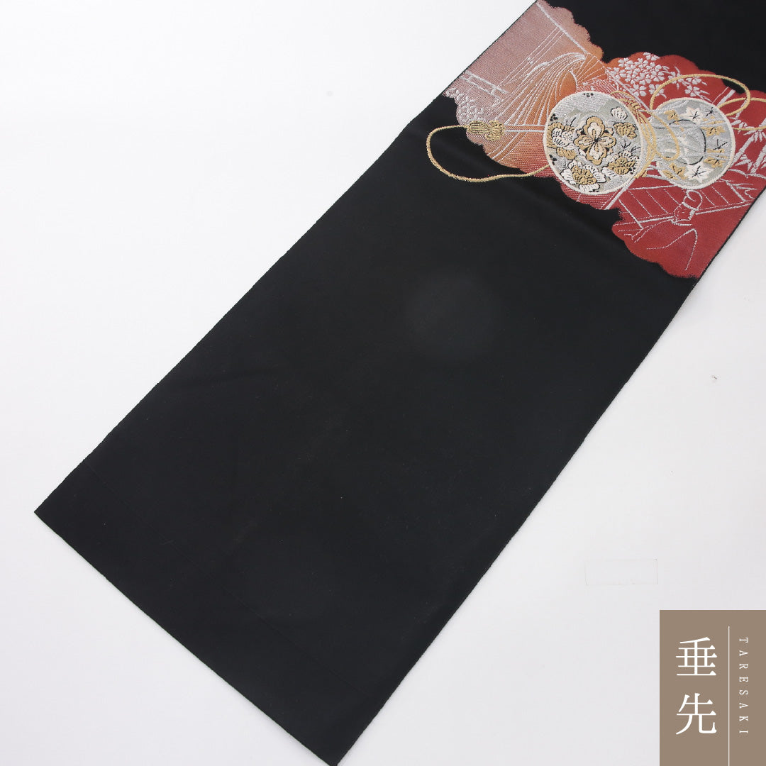 八寸名古屋帯 Sランク 帯丈366cm 正絹 ポイント柄 名古屋仕立て 織り セミフォーマル 平安絵巻 鼓 黒系 RP 1245-04129