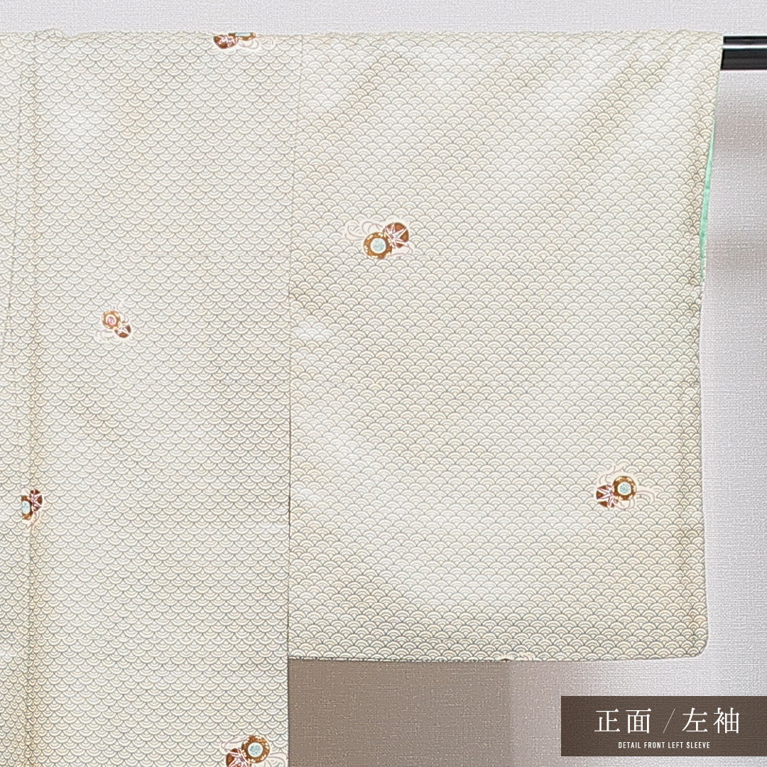 小紋 洗える着物 袷 身丈146cm 裄丈62cm ポリエステル Cランク XSサイズ 広衿 インフォーマル 鼓 青海波 緑系 1215-16316