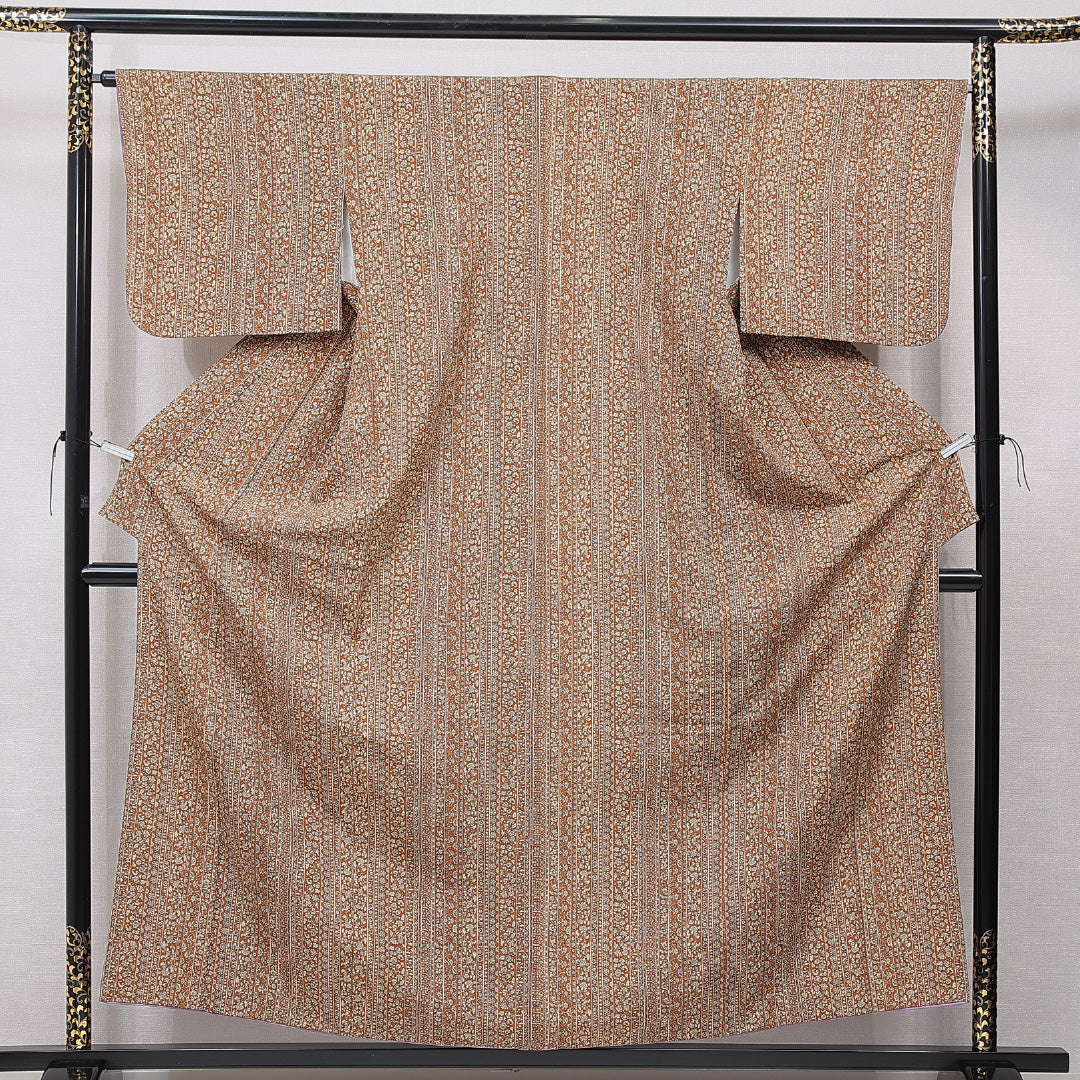 小紋 袷 身丈156cm 裄丈65cm 正絹 Dランク Mサイズ バチ衿 インフォーマル 更紗 花柄 茶系 1215-15710