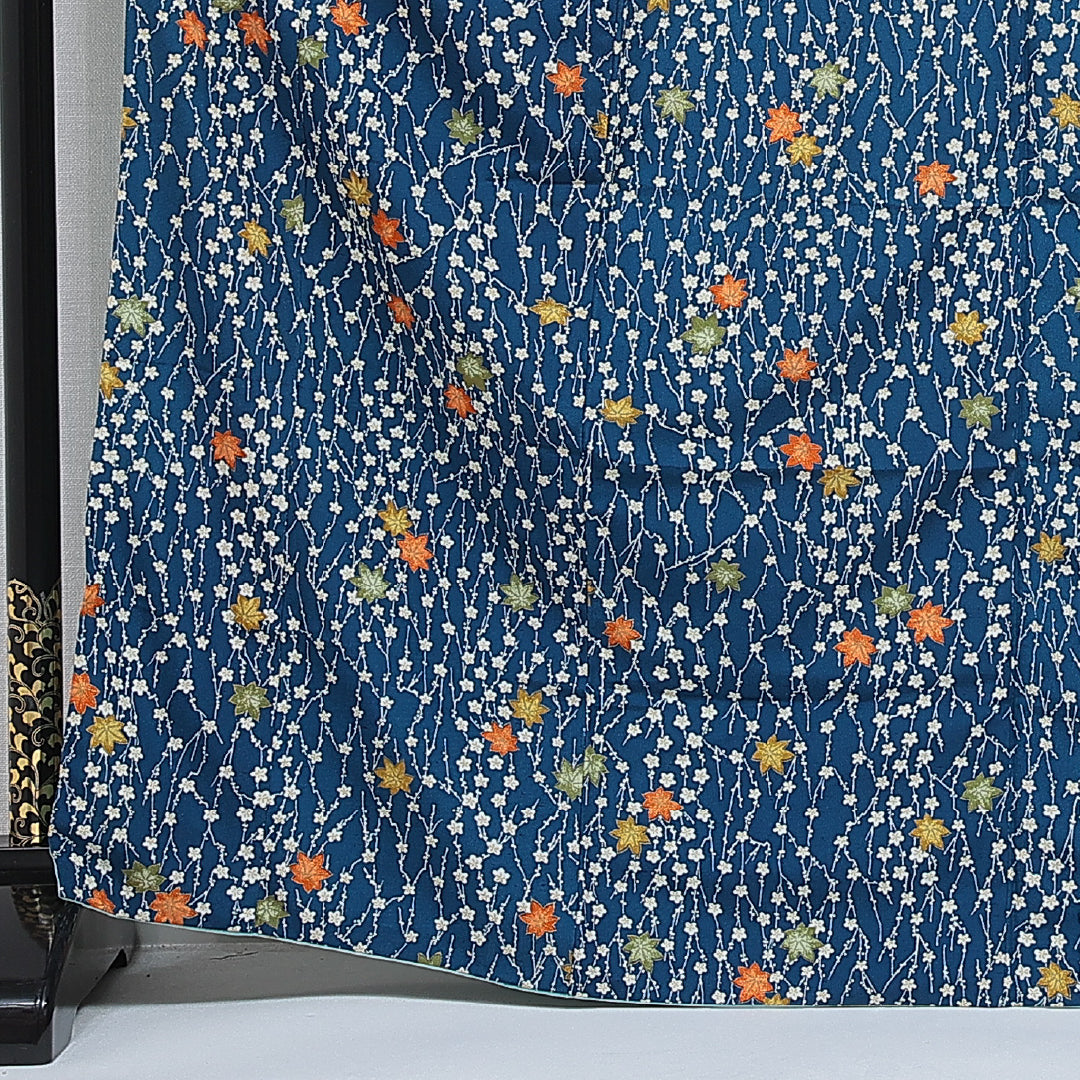 小紋 袷 身丈167cm 裄丈64cm 正絹 Bランク インフォーマル 広衿 XLサイズ 菊 楓 青系 HP 1221-15938