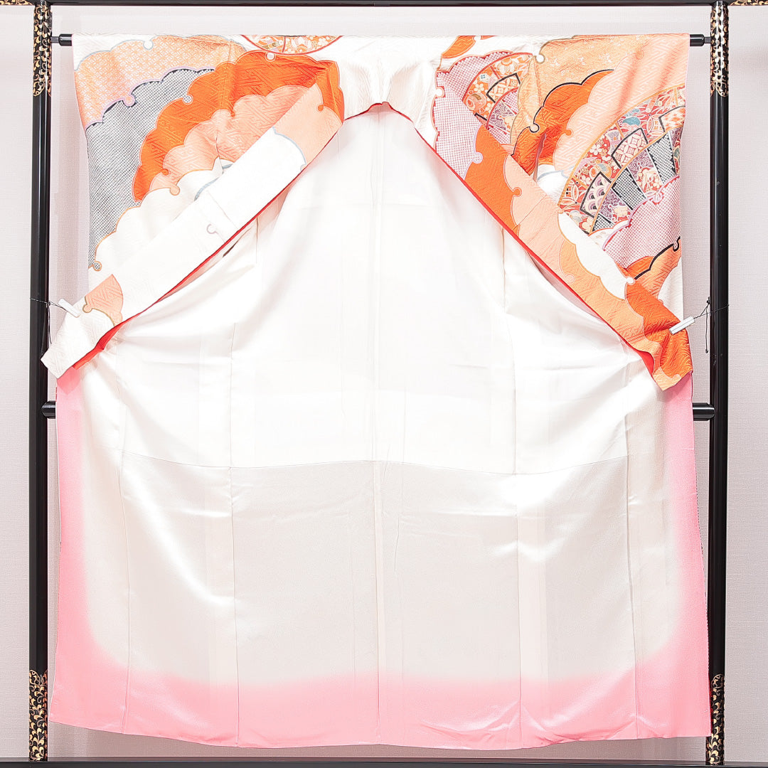 振袖 袷 身丈156cm 裄丈63cm フォーマル Bランク Mサイズ 正絹 広衿 扇 芝草 1213-F0639