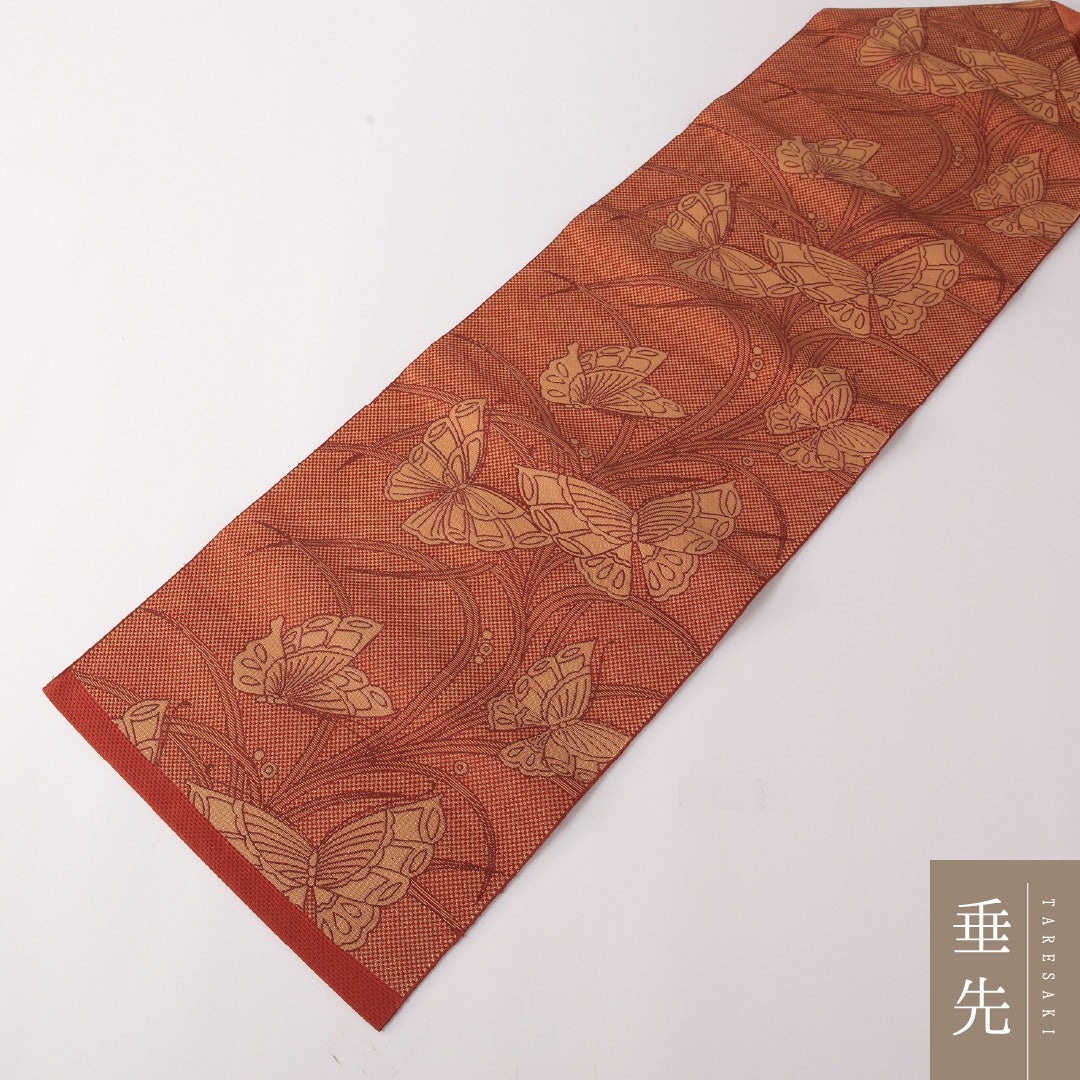 八寸名古屋帯 Aランク 帯丈355cm 正絹 六通 名古屋仕立て 織り カジュアル 蝶 朱系 LP 1245-03184