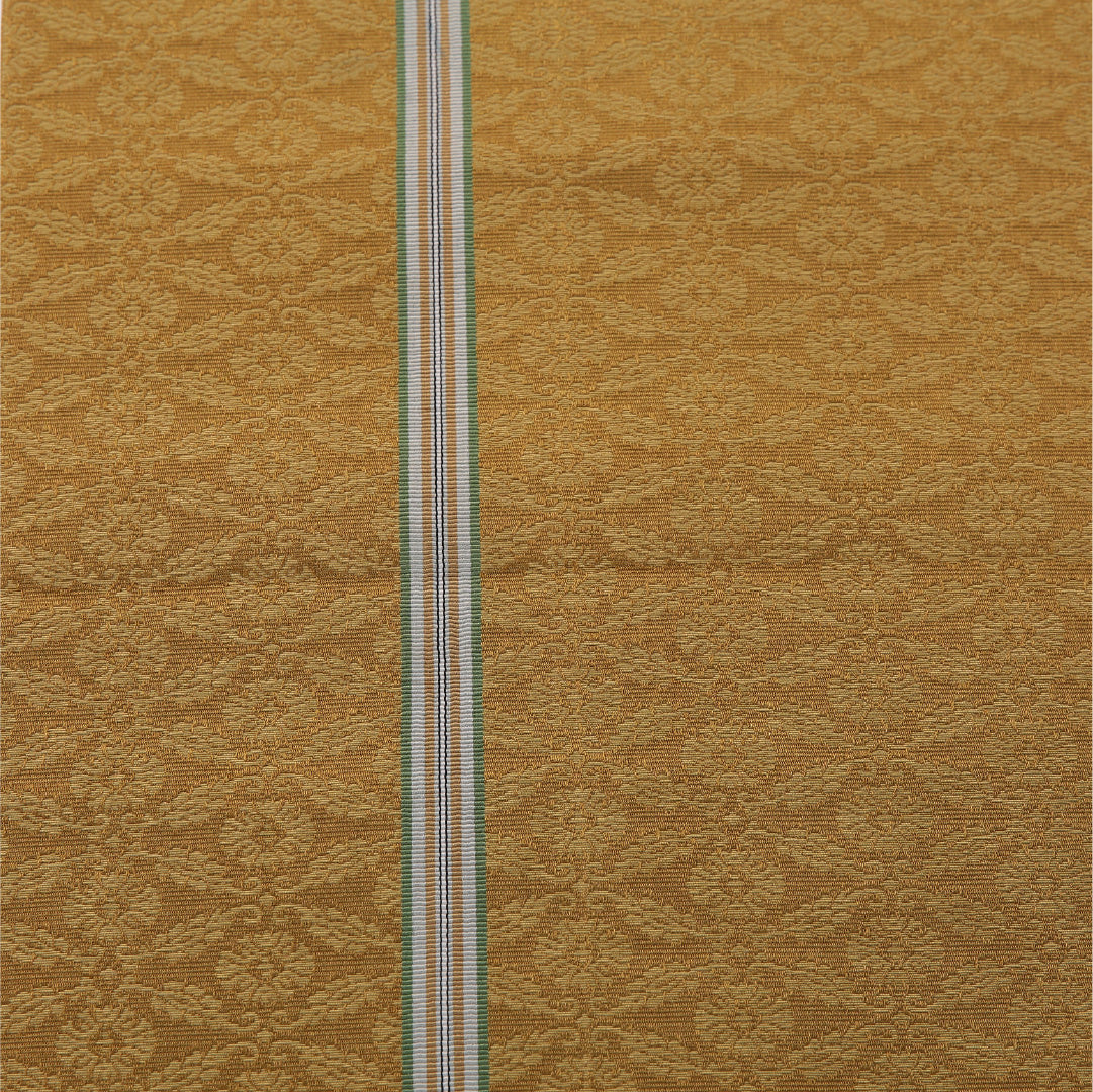 八寸名古屋帯 帯丈392cm セミフォーマル 開き仕立て 全通 Sランク 正絹 唐草 菊 黄系 緑系 1224-03284