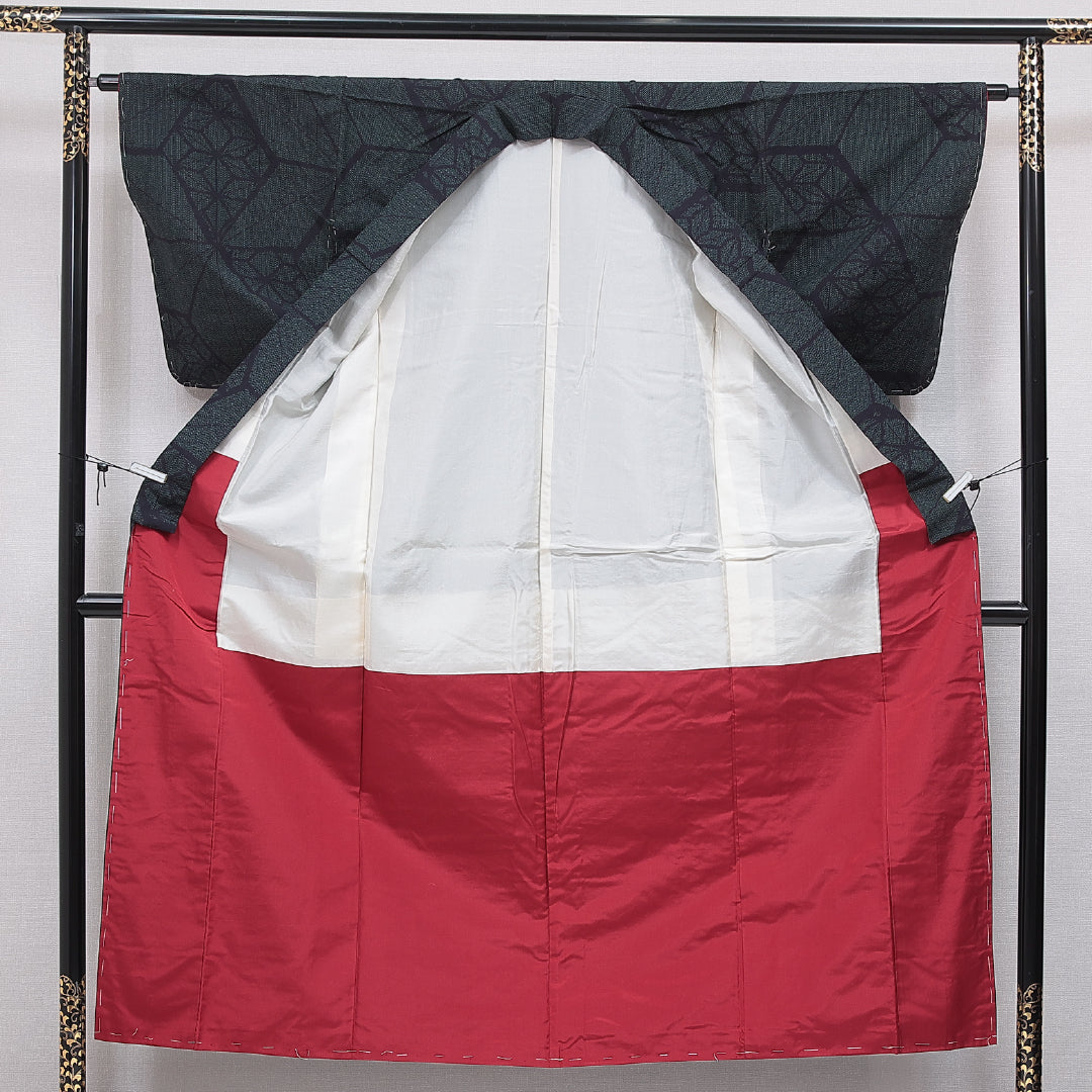 紬 袷 身丈151cm 裄丈62cm 正絹 Cランク カジュアル バチ衿 Sサイズ 麻の葉 緑系 LP 1223-16651