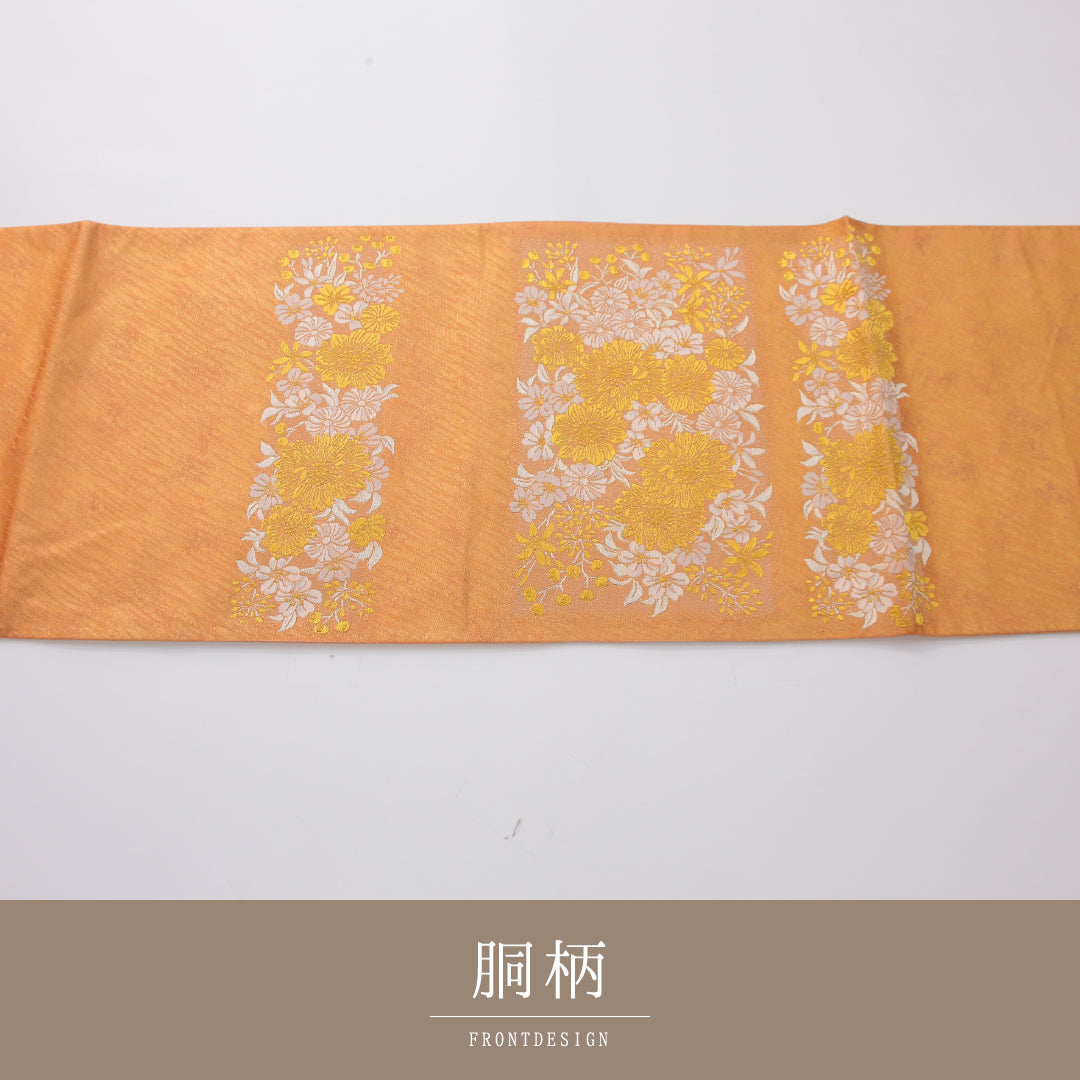 袋帯 帯丈448cm セミフォーマル ポイント柄 Aランク 正絹 菊 金系 朱系 1223-02331