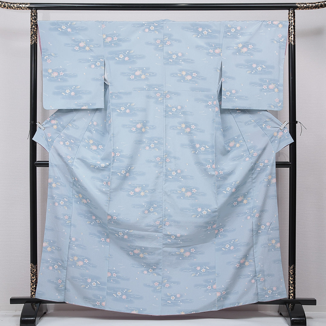 小紋 洗える着物 袷 身丈164cm 裄丈68cm ポリエステル Sランク Lサイズ 広衿 インフォーマル 梅 紅葉 水色系 1215-15796