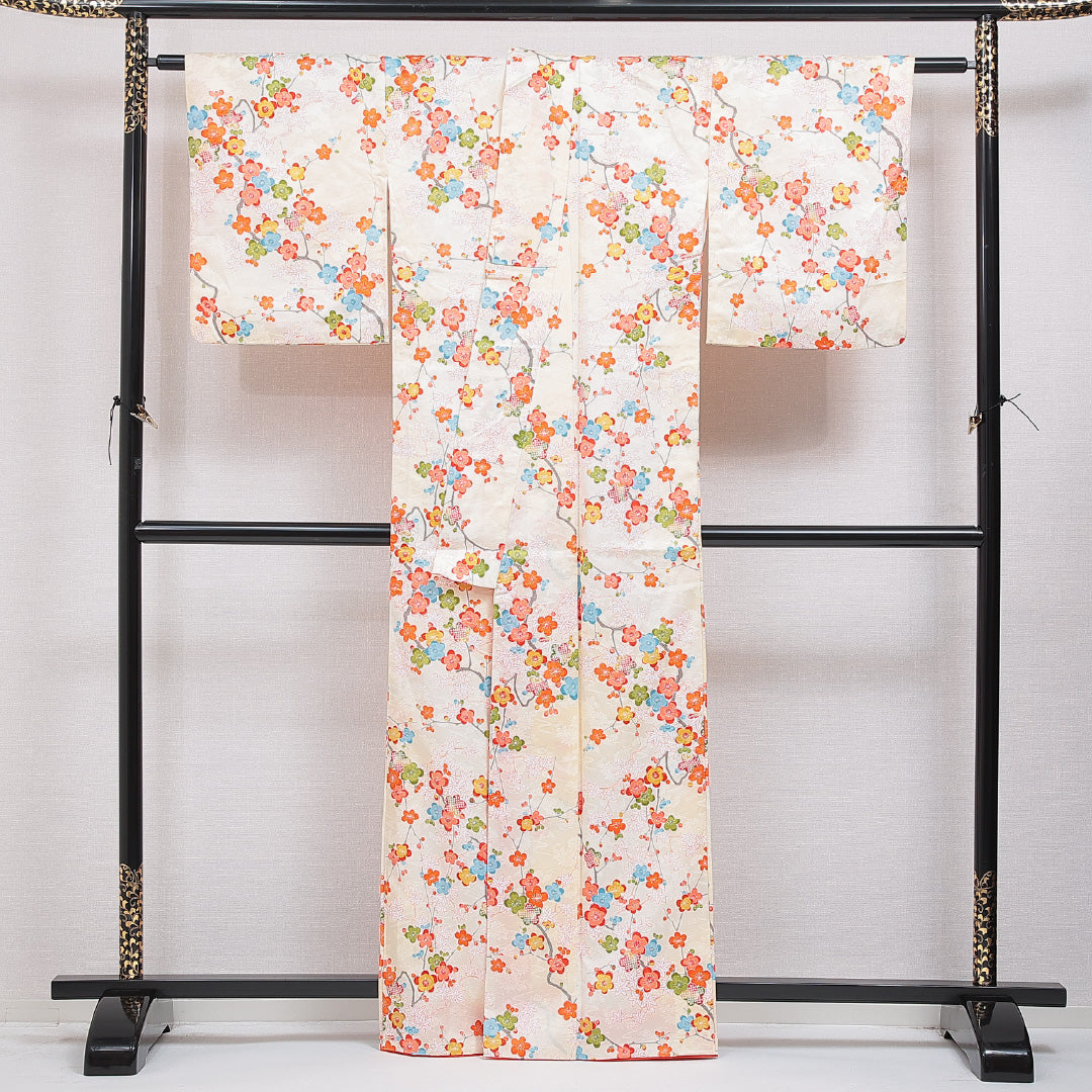 洗える着物 小紋 袷 身丈162cm 裄丈64cm ポリエステル Sランク インフォーマル 広衿 Lサイズ 梅 楓 クリーム系 RP 1221-16011