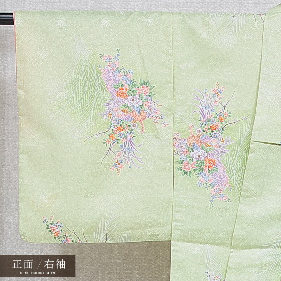 小紋 洗える着物 袷 身丈158cm 裄丈64cm ポリエステル Cランク Mサイズ 広衿 インフォーマル 花喰鳥 緑系 1215-16058
