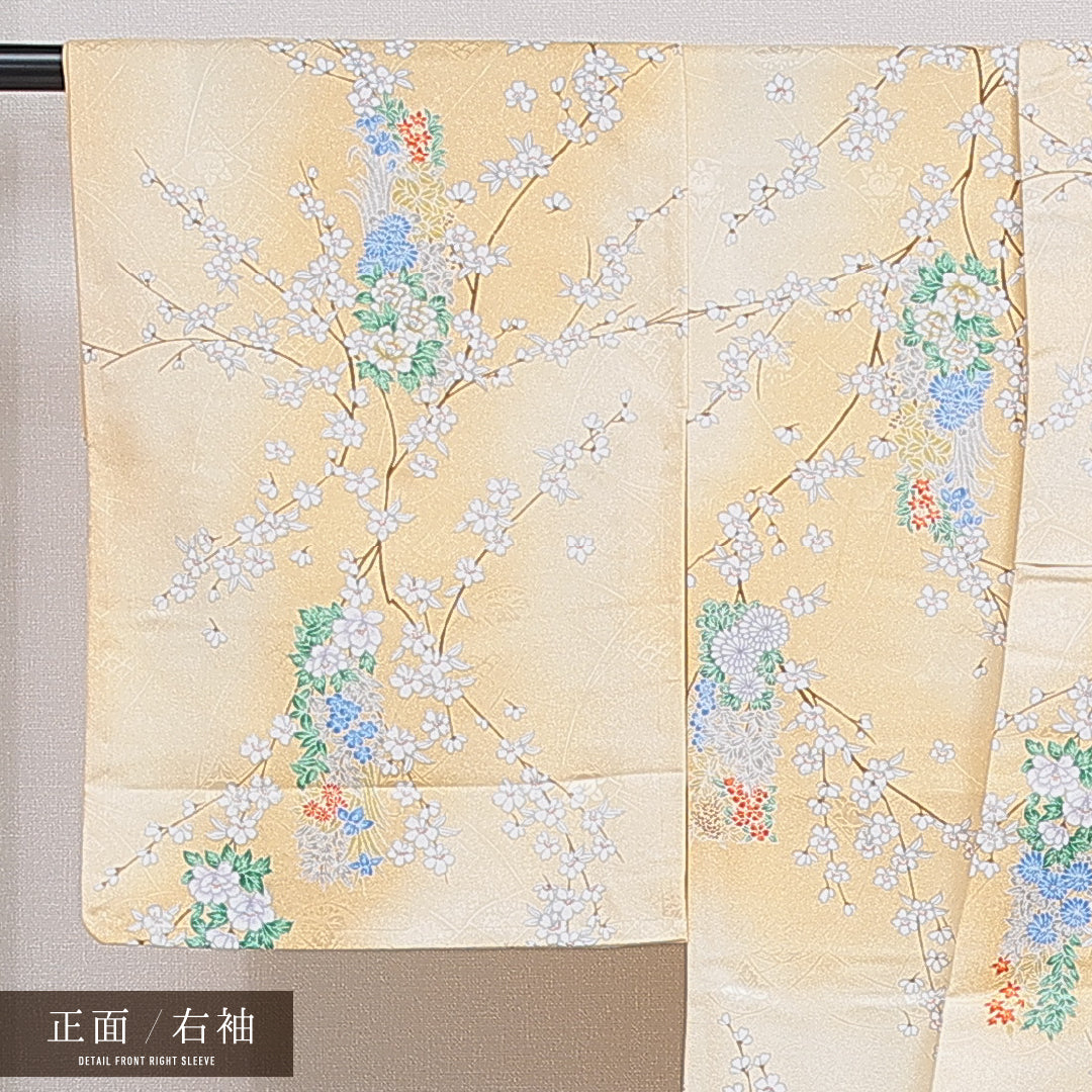 洗える着物 小紋 袷 身丈163cm 裄丈64cm ポリエステル Sランク インフォーマル 広衿 Lサイズ 牡丹 桜 黄系 RP 1221-16327