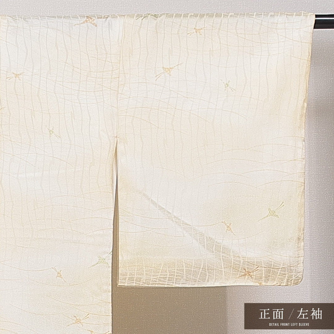 洗える着物 小紋 袷 身丈160cm 裄丈63cm ポリエステル Sランク インフォーマル 広衿 Lサイズ 芝草 創作柄 クリーム系 RP 1221-15854