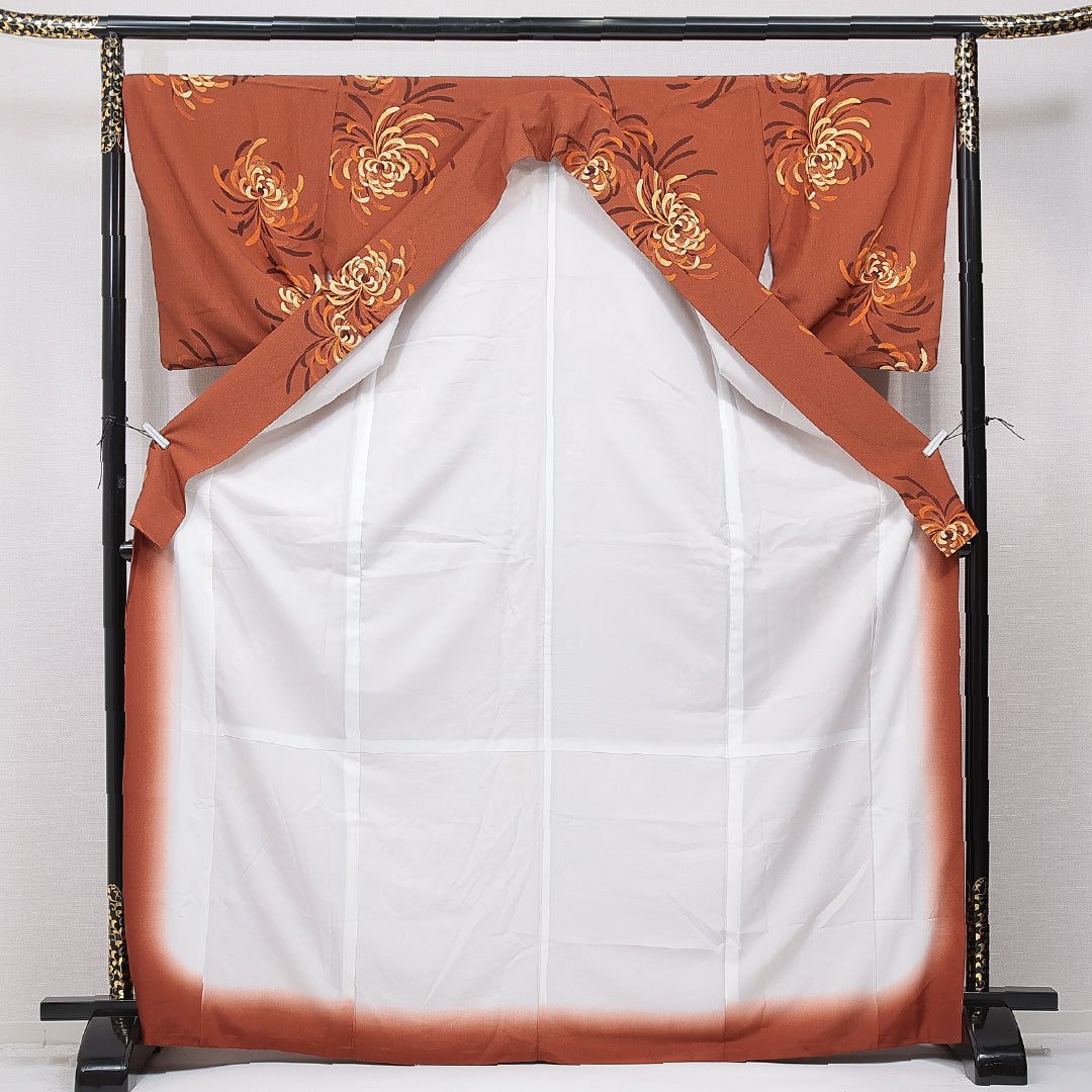 小紋 袷 身丈171cm 裄丈68cm 正絹 Sランク インフォーマル 広衿 2XLサイズ 菊 茶系 RP 1221-15714