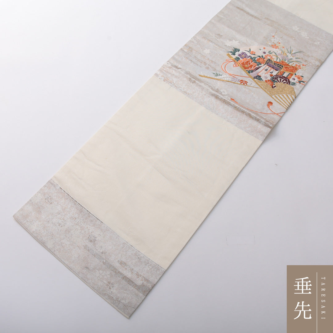 九寸名古屋帯 帯丈349cm セミフォーマル 名古屋仕立て ポイント柄 Cランク 正絹 花車 扇 クリーム系 1224-03641