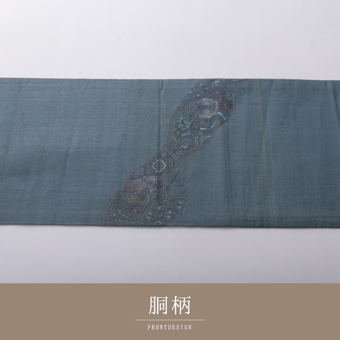 袋帯 帯丈456cm フォーマル ポイント柄 Bランク 正絹 汕頭刺繡 菊 青系 緑系 1223-02067
