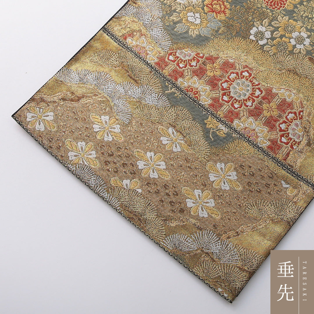 袋帯 帯丈440cm フォーマル 全通 Sランク 正絹 菊 紅葉 金系 1223-02069