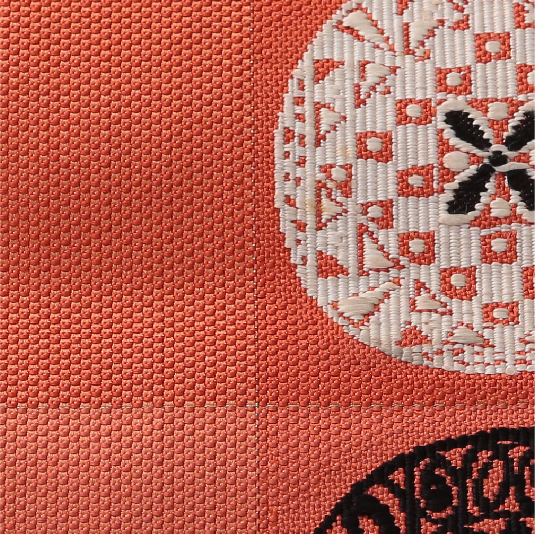 八寸名古屋帯 帯丈361cm カジュアル 松葉仕立て ポイント柄 Cランク 正絹 創作柄 朱系 1224-03620