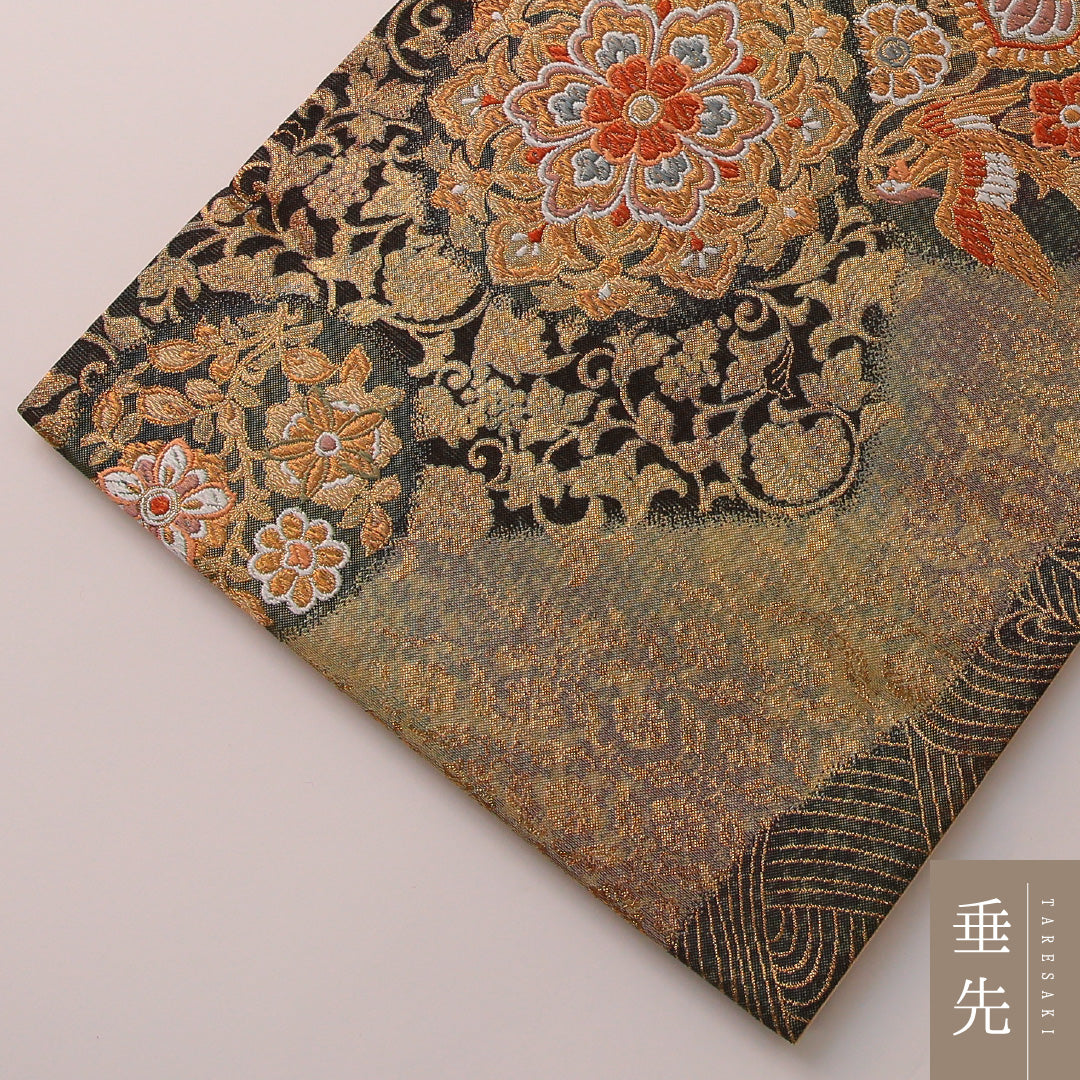 袋帯 帯丈428cm フォーマル 六通 Sランク 正絹 唐華 金系 黒系 1223-01899