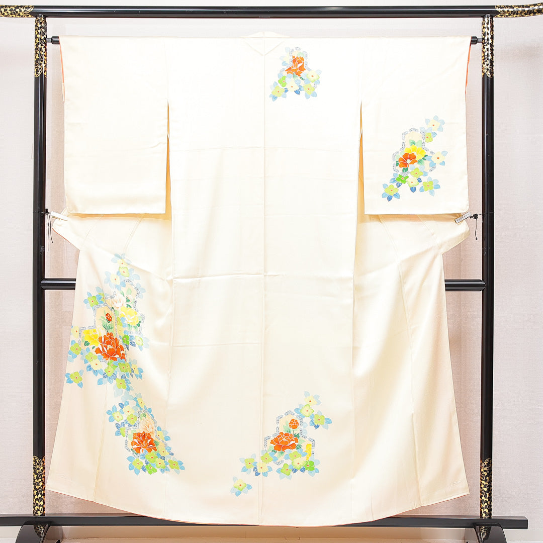 訪問着 袷 身丈156cm 裄丈64cm 正絹 Cランク セミフォーマル 広衿 Mサイズ 牡丹 黄系 HP 1217-15051