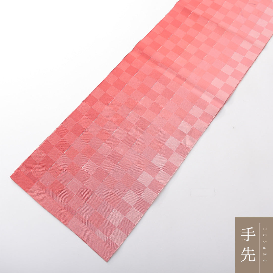 八寸名古屋帯 帯丈376cm カジュアル 開き仕立て 全通 Cランク 正絹 市松 ピンク系 1224-03793