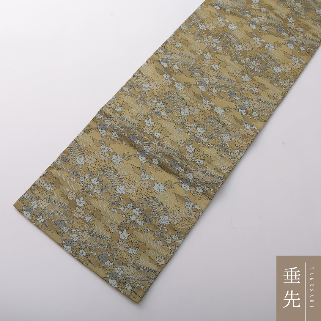 九寸名古屋帯 帯丈342cm セミフォーマル 名古屋仕立て 六通 Aランク 正絹 橋 紅葉 緑系 1224-03500