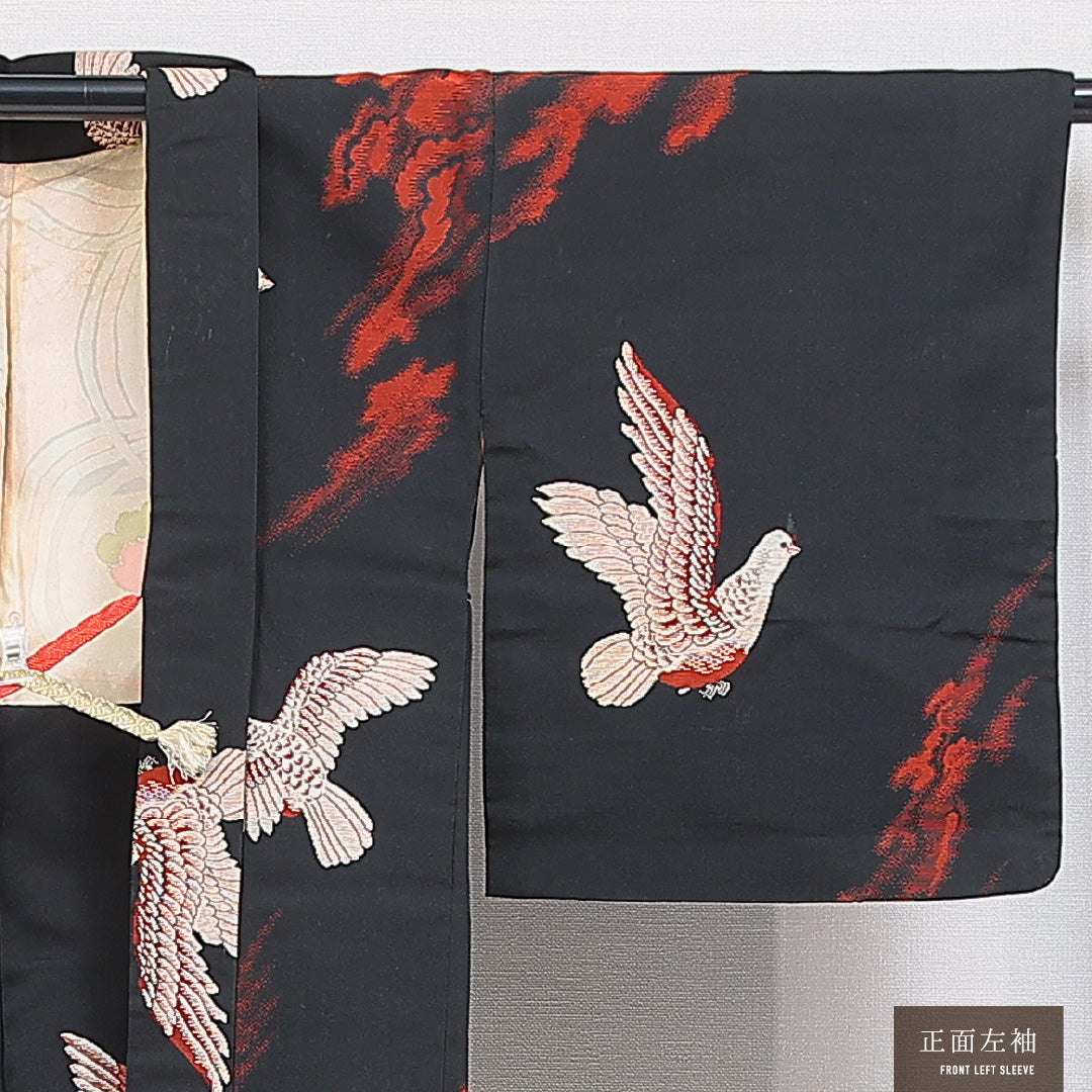 アンティーク 羽織 袷 身丈82cm 裄丈62cm 正絹 Cランク Sサイズ 紐あり 鳩 黒系 RP 1232-16447